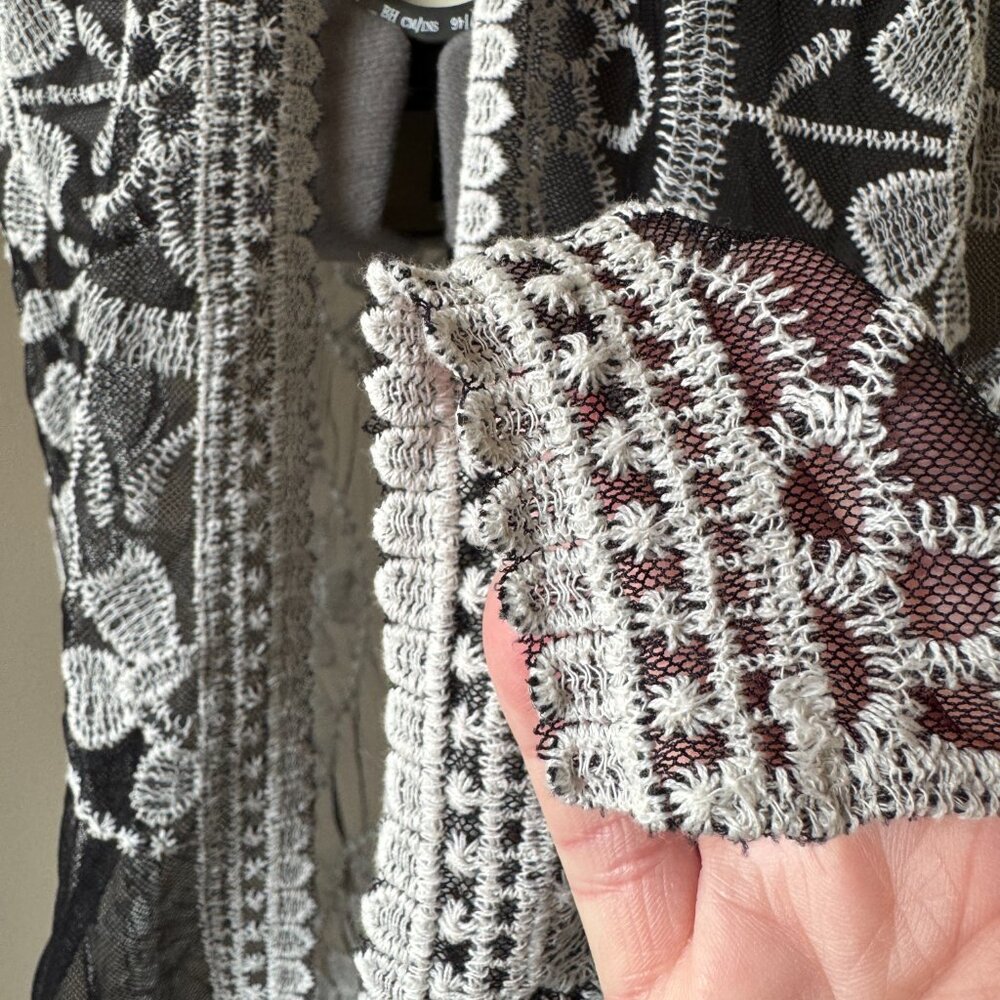 Black Sheer Embroidered Lace Kimono Duster Floral Boho Festival Cardigan - Picture 4 of 7
